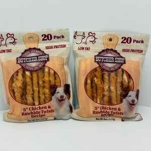 Butcher Shop Chicken Rawhide Twists 5in Dog Chews 20 Count 8oz Lot of 2 Bags